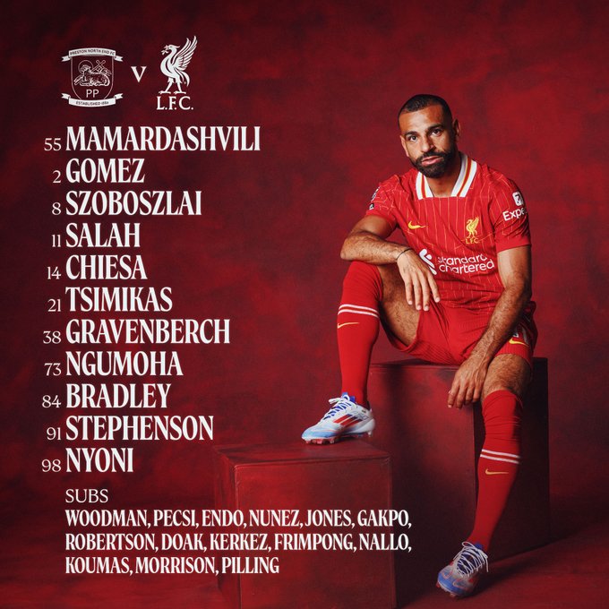 利物浦vs普雷斯顿：维尔茨缺席，马马尔达、基耶萨、萨拉赫首发